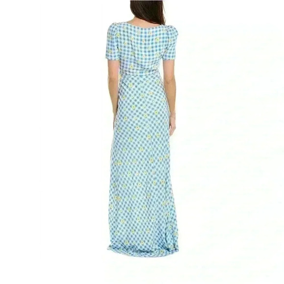 NWT Staud Lea Dress, Blue + White Gingham Daisy Plaid, Slit, Cap Sleeves, SZ 00 - Picture 3 of 8